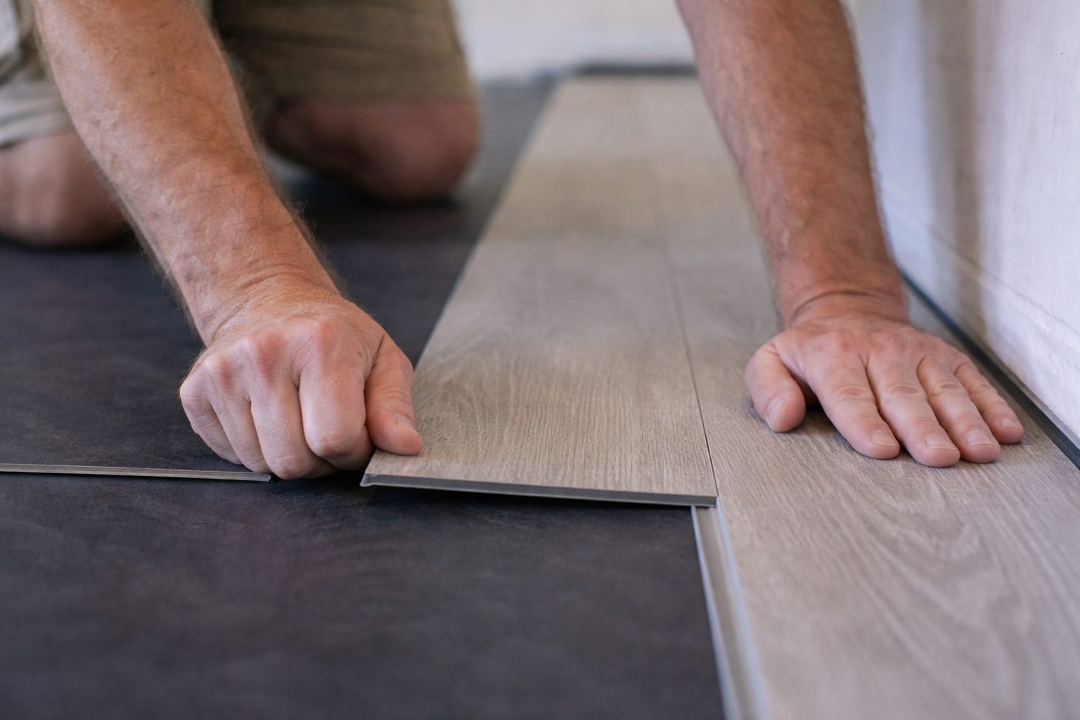 Close-up van iemand die een click-PVC plank in elkaar klikt tijdens het leggen van een vloer.
