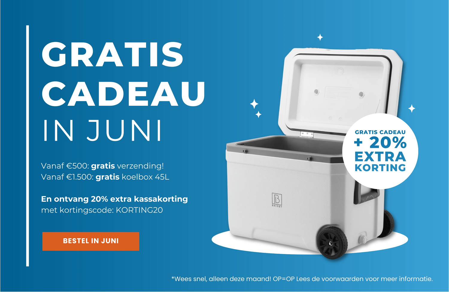 Banner van Click-pvc.com met gratis 45L Brisby koelbox en 20% extra korting in juni.